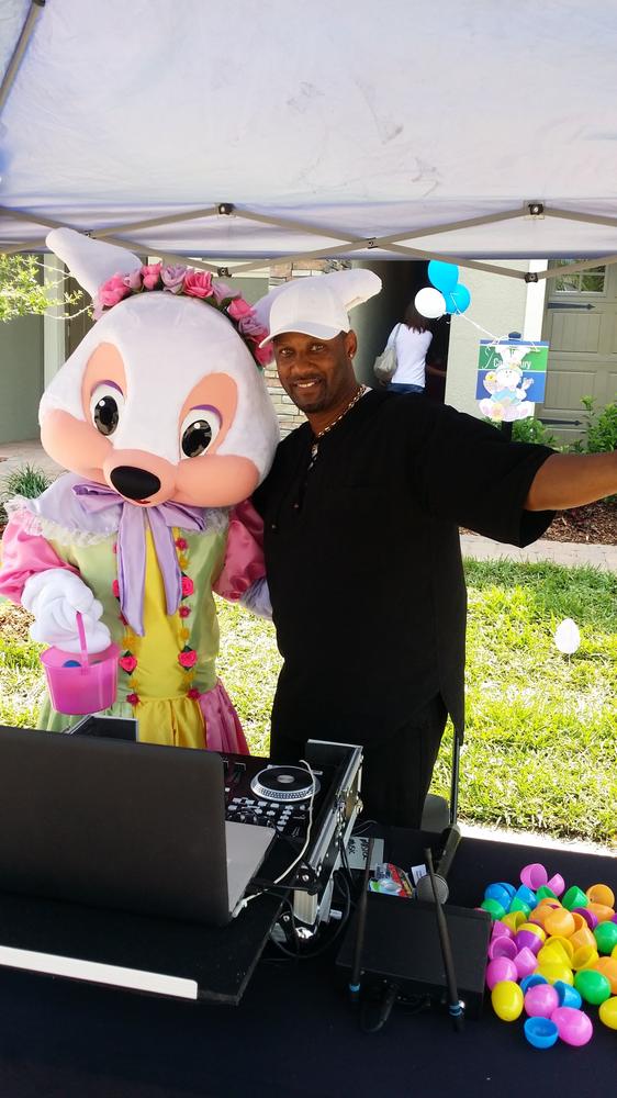 DJ booth with the Easter Bunny at a community Easter event