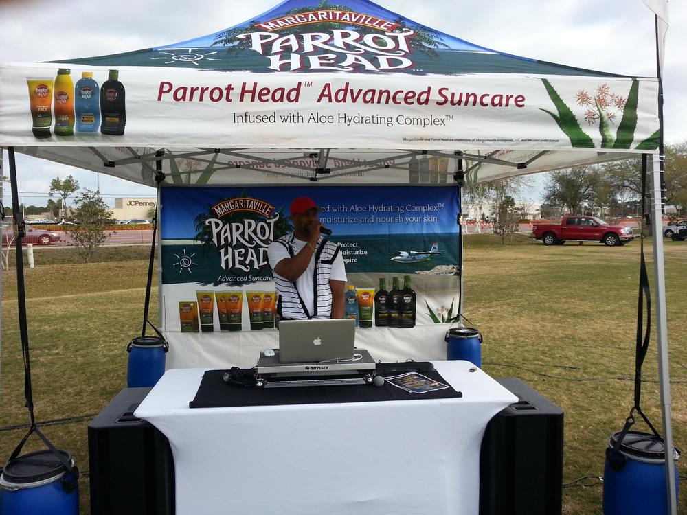DJ setup inside a Margaritaville Parrot Head event tent